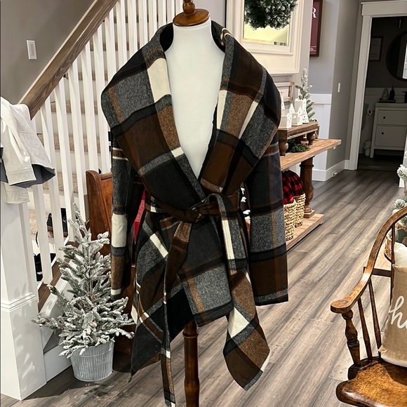 Plaid Belted Women's Coat - Brown and Gray - Picture 1 of 4